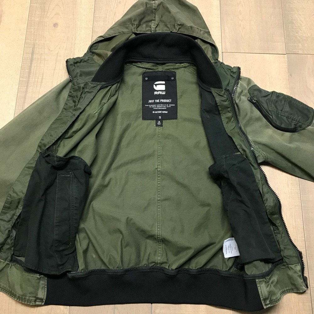 G Star Raw Bomber Jacket Mens Size S Green Submarine HDD Military Hooded Patches - Picture 14 of 16